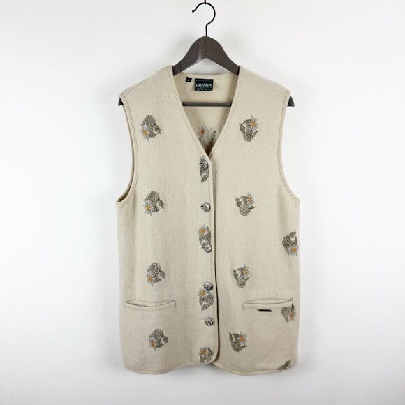 Geiger Collections Boiled Wool Ivory Floral Embroidered Button Front Vest Sz 42 - Picture 1 of 16
